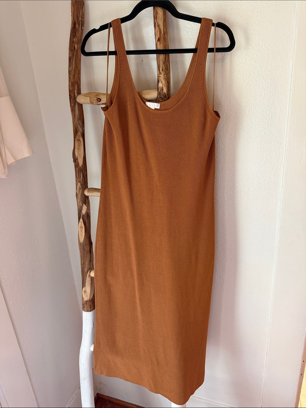 Leith Camel Brown Fitted Knit Neutral Tank Midi Dress with Slit Large